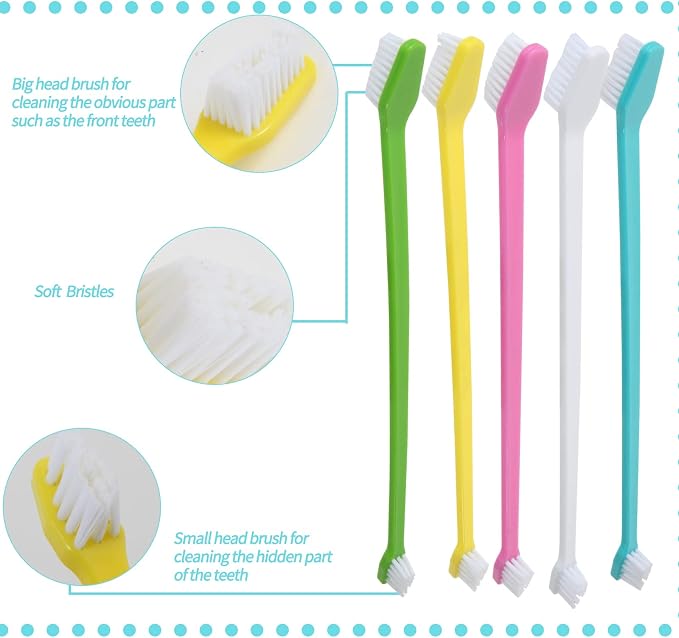 Newday 50 Pack Dual Ended Long Dog & Cat Toothbrush, Pet Safe Super Soft Bristles for Pet Dog Puppy Kitten Dental & Oral Care Teeth & Gums, Pet toothbrushes in Box, Bulk Individual polybag (Colorful)