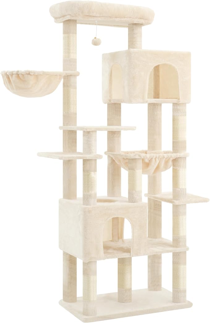 Heybly Cat Tree, 76-Inch Tall Heavy Duty Cat Tower for Big Cats HCT039M | Multi-Level Large Cat Furniture with Extra Wide Baseboard, 2 Condos & 2 Hammocks, 10 Scratching Posts, Beige