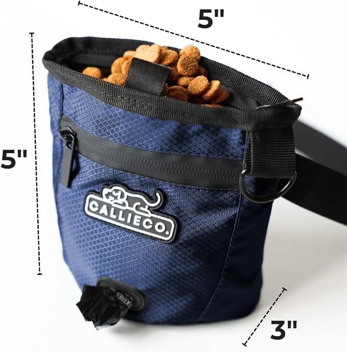 Callieco Mini Dog Treat Pouch with Magnetic & Zipper Closure | Small Waist Belt Training Behavior Aid Bag for Dog Walking with Poop Bag Dispenser (Blue)