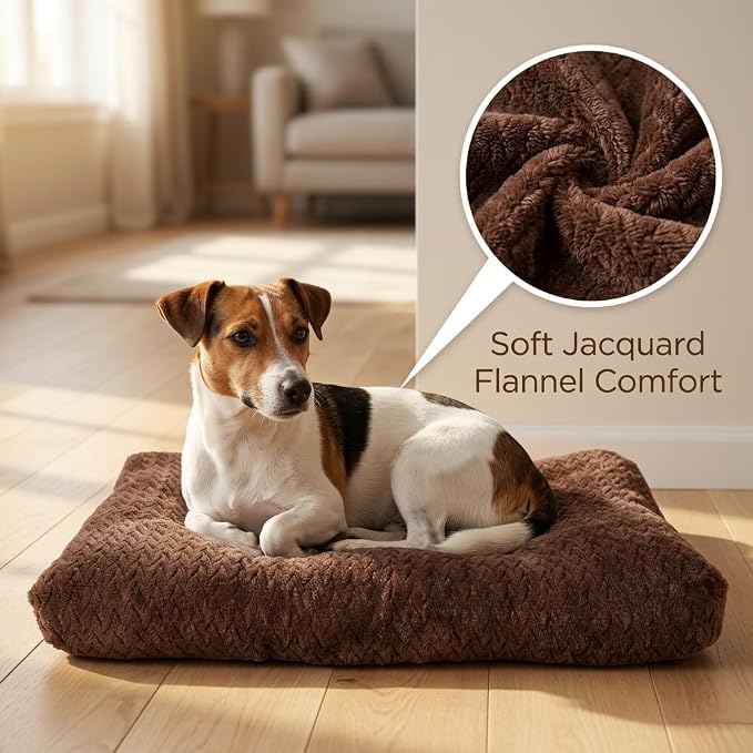24 Inch Dog Crate Bed for Small Dogs, Washable Dog Crate Pad for Dog Cages, Soft Jacquard Flannel Kennel Mat with Anti-Slip Bottom, Fluffy Crate Mat for Puppies and Small Dogs,Dark Brown