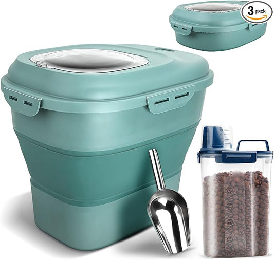 TIOVERY Dog Food Storage Container, Airtight Collapsible 13lb to 30lb Pet Food Container with Flip Top, Rolling Wheel, Scoop and 3L small container for Dog Cat Food and Dry Food of Rice, Flour