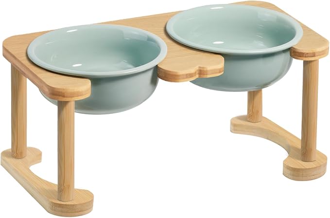 Raised Ceramic Dog Bowl, Elevated Food and Water Feeding Set, Light Green | Pet Dishes For Small and Medium Breeds, 6.9" Wide Double Modern Porcelain Bowls, 6.3" High Wooden Stand, Non-Slip, 28Oz/800ML