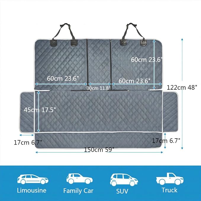 ANOSOSPECIAL Grey Dog Car Seat Cover for Back Seat X-Large,Non-Stick Fur,Pet-Friendly and Waterproof - Universal Fit Interior Protector for Auto, Van, SUV - Ideal for Kids and Pets (X-Large)