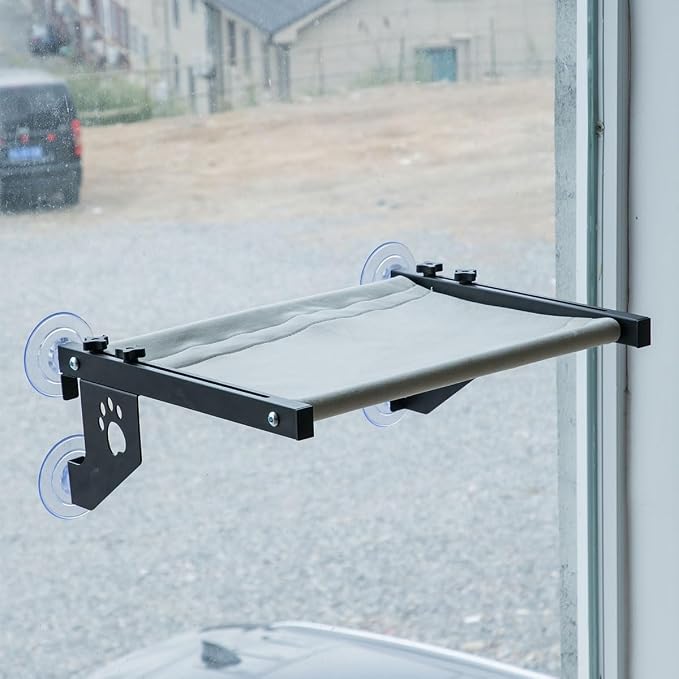 NFMOD 2-in-1 Suction & Hook Cat Window Perch Metal Hammock for Large Cat | heavy metal frame holds 30lbs,no-drill damage-free setup,wide sunbathing platform,detachable machine washable fabric cushion
