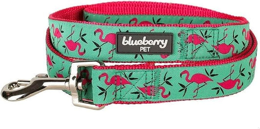 Blueberry Pet Essentials 2 Patterns Durable Pink Flamingo on Light Emerald Dog Leash 5 ft x 5/8", Small, Basic Nylon Leashes for Dogs