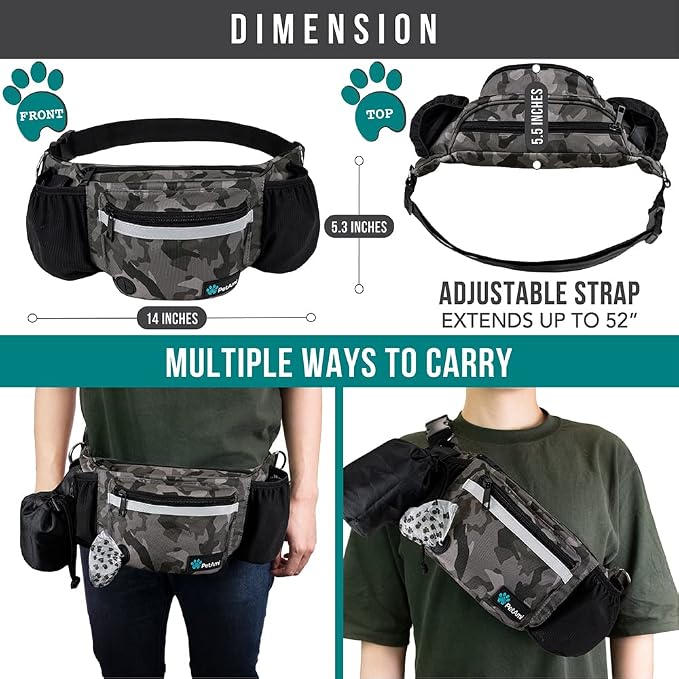 PetAmi Dog Fanny Pack, Treat Pouch for Dog Walking Training, Camo Black | Built in Poop Bag Dispenser, Water Bottle Holder, Collapsible Bowl, Pet Treat Waist Belt for Hiking Running Kibbles
