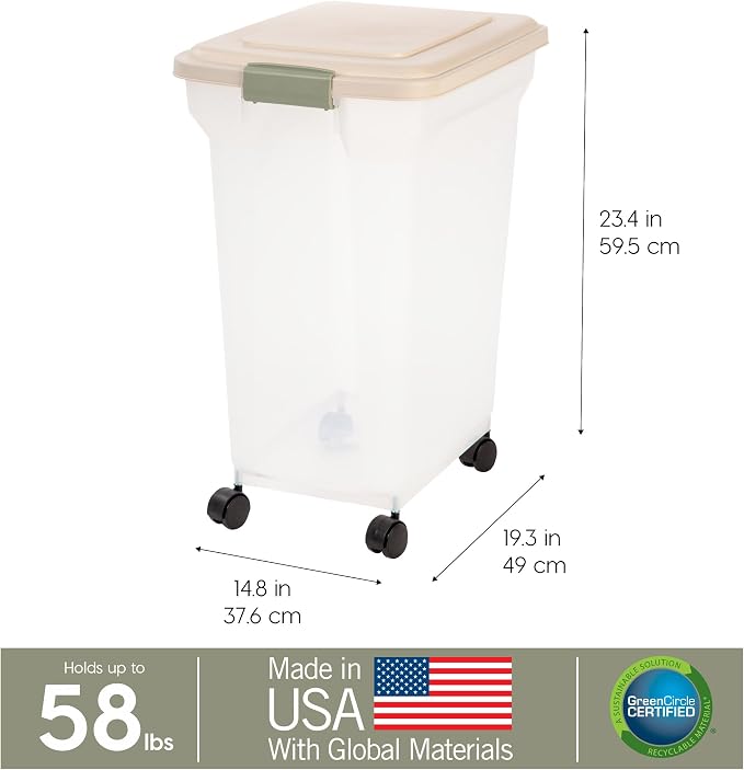 IRIS USA Dog Food Storage Container, Up to 58 lbs, Almond, Made in USA | Wheels for Mobility, Airtight Seal, BPA-Free, Best for Bird Seed, Cat food, Cat Litter, Chicken Feed, Pellets