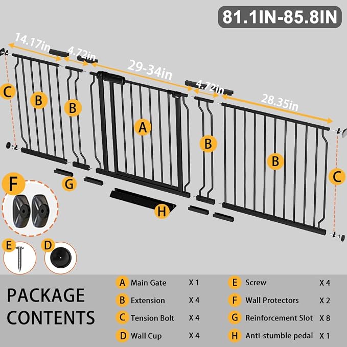 Fairy Baby Extra Wide Baby Gate 81.1-85.8 Inch Wide, Walk Through Pressure Mounted No Drill for Doorways, Long and Large Tension Dog Gate for Pet and Kids