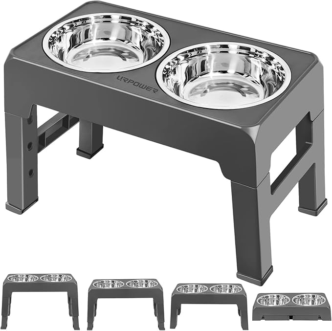 URPOWER Raised Dog Bowls 4 Height Adjustable Elevated Bowl Stand | Stainless Steel Water Bowl Non-Slip Dog Food Bowls Stand for Small Medium Large Dogs and Pets
