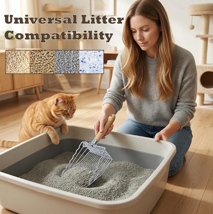 2 Pack Metal Cat Litter Scoops, Heavy-Duty Kitty Scooper with Hook, Stainless Steel Kitten Poop Lifter for Litter Box, Speed Sifter with Comfortable Beech Wood Grip | 2 Pack Metal Cat Litter Scoops