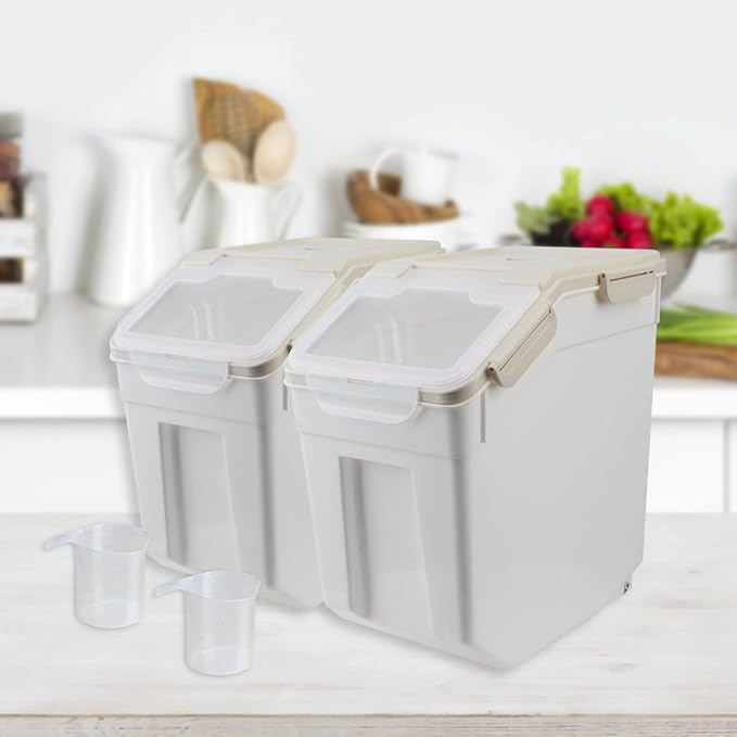 Large Flour Storage Container Bin 25lb, 4Pack Airtight Rice Storage Containers with Wheels Seal Locking Lid, BPA Free with Measuring Cup&Scoop for Flour, Rice, Grain(Gray)