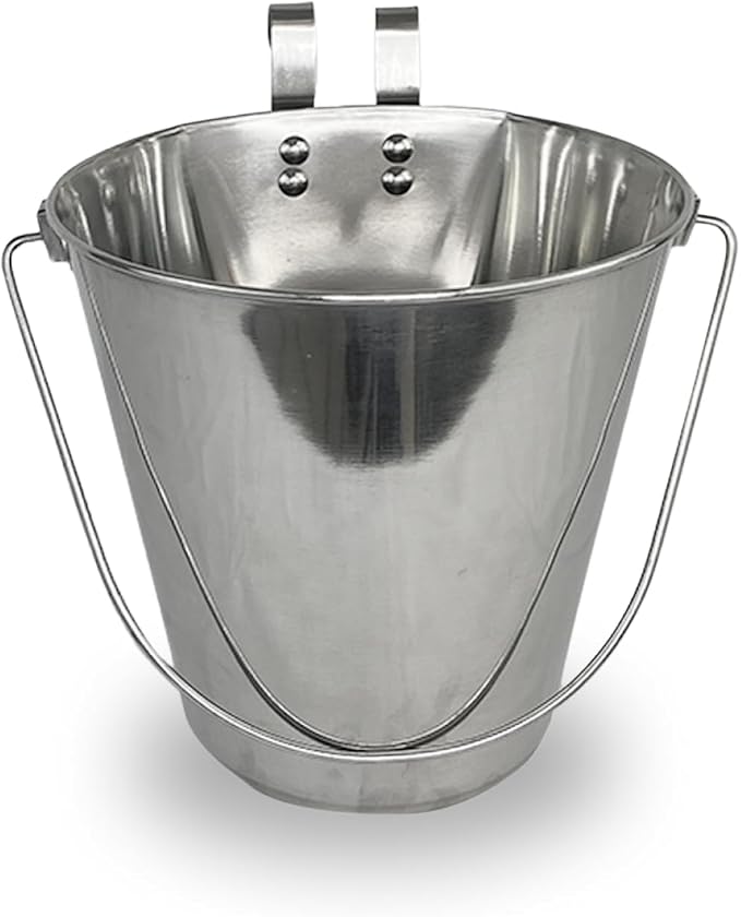 9 Quart Stainless Steel Bucket with Dual Hook | Perfectly Fits on Kennels, Cages and Critter Crates | Heavy Duty Bucket for Pets Cleaning & Food Prep - Flat Sided Pail