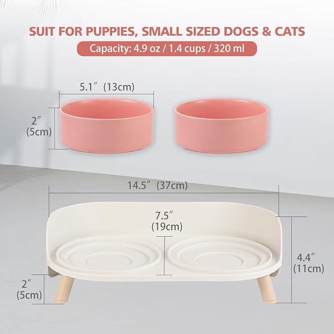 Raised Cat Food and Water Bowl Set - Elevated Ceramic Dishes with Non-Slip Stand and Splash Guard for Small Dogs - 2 x 320 ML (4.9 OZ) - Pink