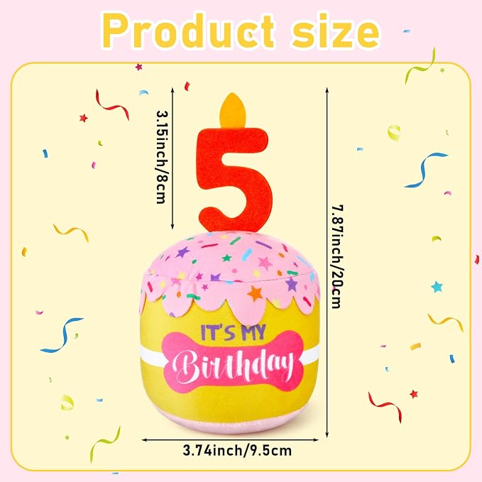 Dansydaisy Dog Birthday Cake Toy Squeaky Plush Toy for Girl Boy Gifts, Chew Accessories for Dog Birthday Party Decor Favor for Large, Medium and Small Dogs(5th,Pink and Yellow)