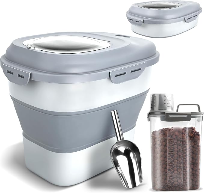 TIOVERY Dog Food Storage Container, Airtight Collapsible 13lb to 30lb Pet Food Container with Flip Top, Rolling Wheel, Scoop and 3L small container for Dog Cat Food and Dry Food of Rice, Flour
