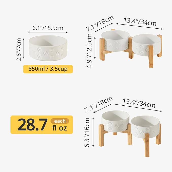 Elevated Ceramic Dog Bowl Set, Anti-Skid Bamboo Stand, White, 6.1 inch | Food and Water Bowls with Fixed Non-Slip Rubber Ring, Microwave Safe, Easy to Clean, 3.5 Cup per Bowl, for Small Breed Dogs