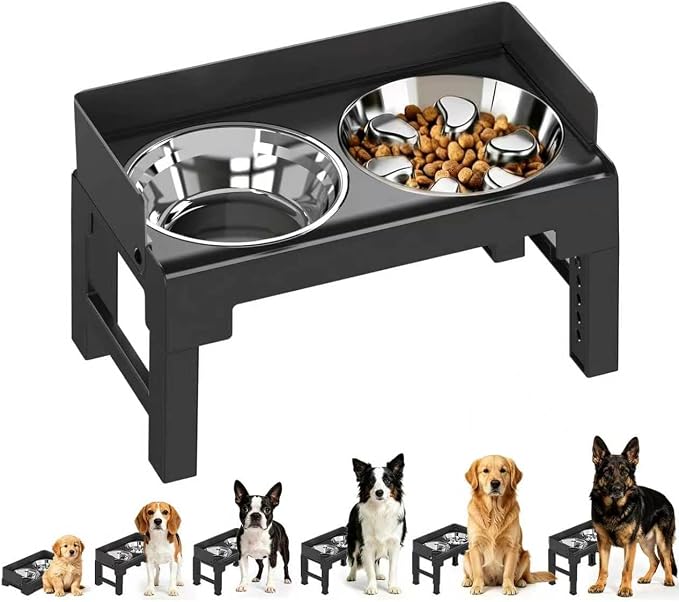 Elevated Dog Bowls with Stainless Steel Slow Feeder Bowl for Medium and Large Dogs, Spill-Proof Tiltable Dog Feeder with 2 Bowls, 6-Height Adjustable Raised Dog Bowl Stand