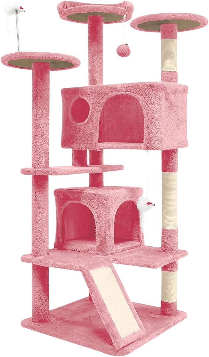 Cat Tree Tower for Indoor Cats,Cat House with Sisal Scratching Post,Multi-Level Cat Condo and 3 Large Platforms (Pink)