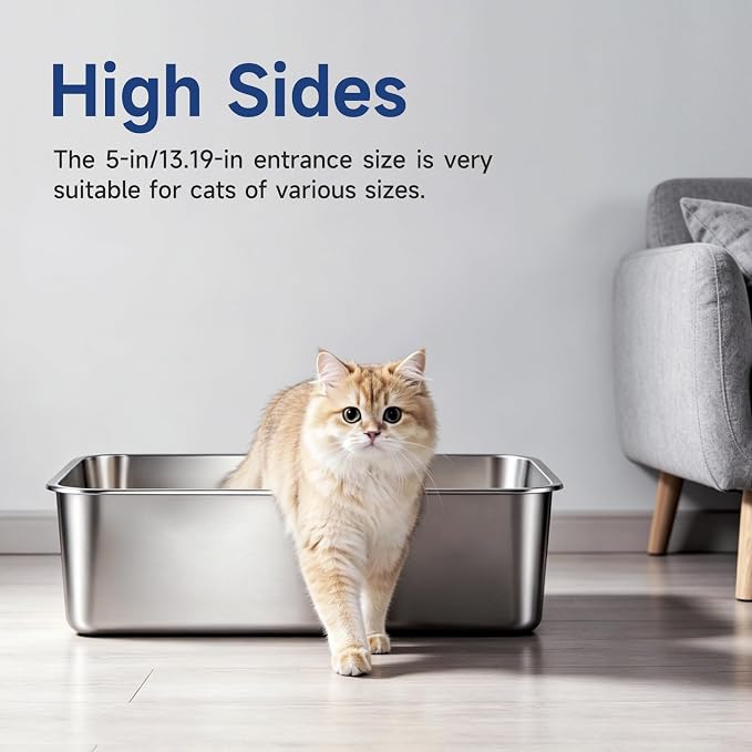 Stainless Steel Cat Litter Box with High Sides, Large Metal Litterbox Pan, Odor-Free & Non-Stick Smooth Surface, Leakproof One-Piece Kitty Litter Tray for Indoor Cats, Kittens, Medium (M Size)