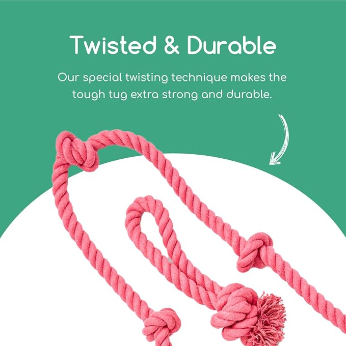 Tumbo Tough Tug Rope Dog Toy - (Pink 5 ft Long Strong and Durable Rope Pull Toy with Handle) TUG of WAR Dog Toy
