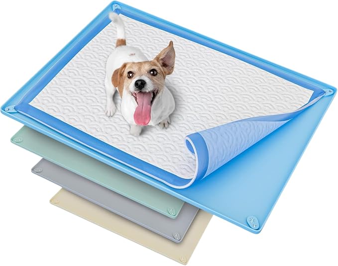 TidyFriend Dog Pee Pad Holder Tray Fits for 30” x 23” Pee Pads with Corner Lock Holes, Raised Edges, Non-Spill, Easy to Clean Silicone Dog Potty Tray Holder, for Indoor Floor Protection (Blue)