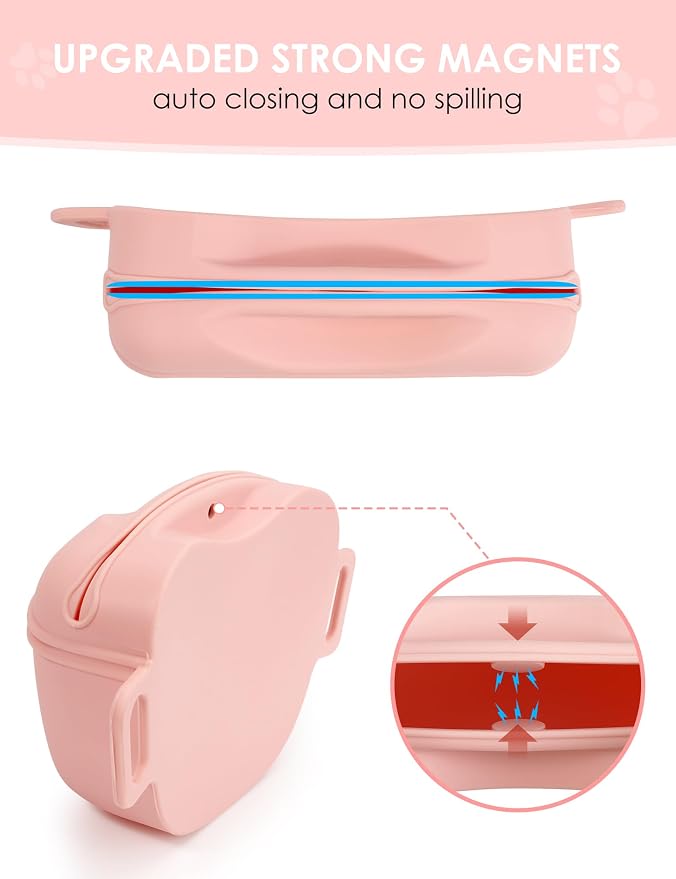 heouvo 1.67 Cup Dog Treat Pouch with Training Clicker (Pink) | Magnetic Closure, Silicone Bag with Waist Belt for Pet Training & Walking, Easy One-hand Treat Access