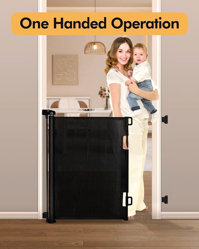 Retractable Baby Gate for Stairs & Doorways,71" Wide x 33.6" Tall Easy Installation Mesh Dog Gate for Indoor & Outdoor Use,Pet and Dog Safety Gate for Hallways(Black)