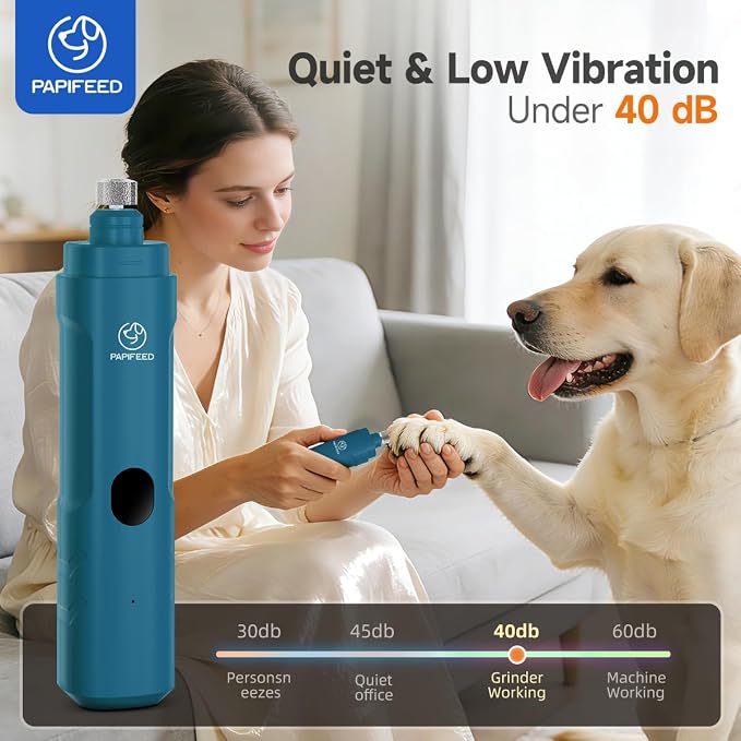PAPIFEED Dog Nail Grinder with LED Light, Ultra Quiet 3-Speed Electric Nail File for Small Medium Large Dogs & Cats, Rechargeable Pet Nail Grinder with Trimmer (Blue)