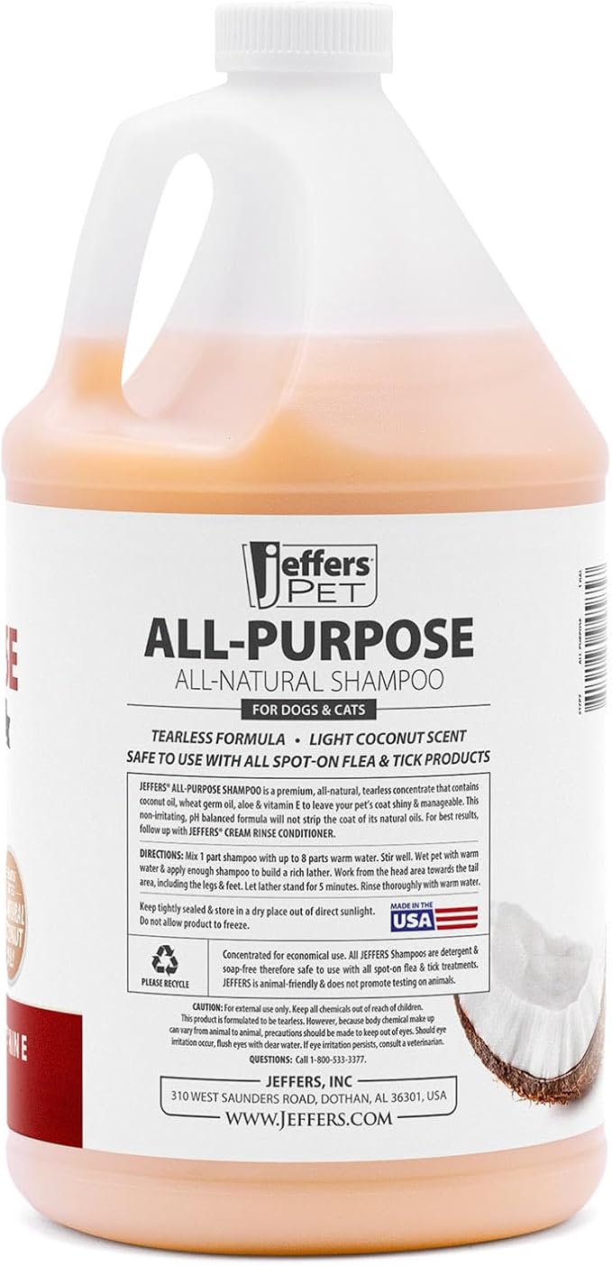 Jeffers Pet All Purpose Coconut Oil Conditioning Dog & Cat Shampoo, 128 oz – Deodorizing Grooming Wash, Coconut Based Soap Free Formula, Aloe Vera & Vitamin E, Concentrated pH Balanced Coat Cleanser