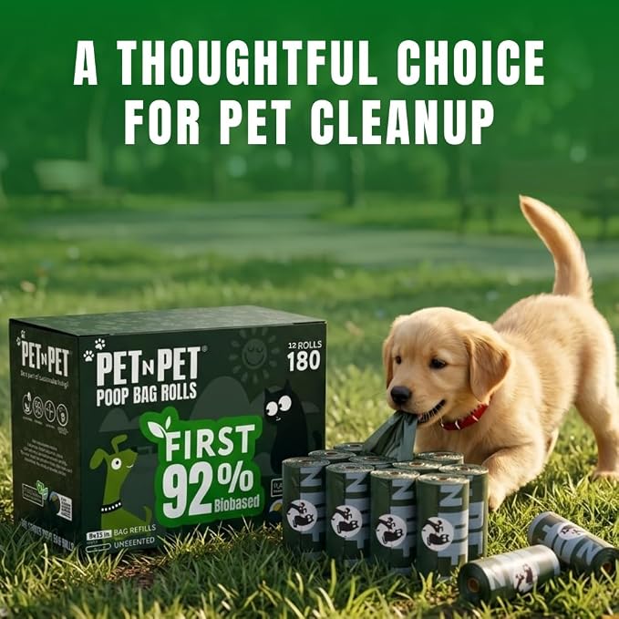 Pet N Pet 180 Counts Dog Poop Bags Rolls, 92% Plant Based Poop Bags for Dogs, Leak Proof Thick Doggie Poo Bag, Unscented Cat & Dog Waste Bag
