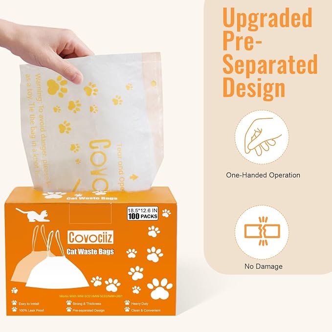 100 Pack Cat Litter Box Liners, Compatible with MeoWant SC01/C02/LR01 Litter Bags, Extra Thick Drawstring Heavy Duty Cat Waste Bags, 18.5" x 12.6"