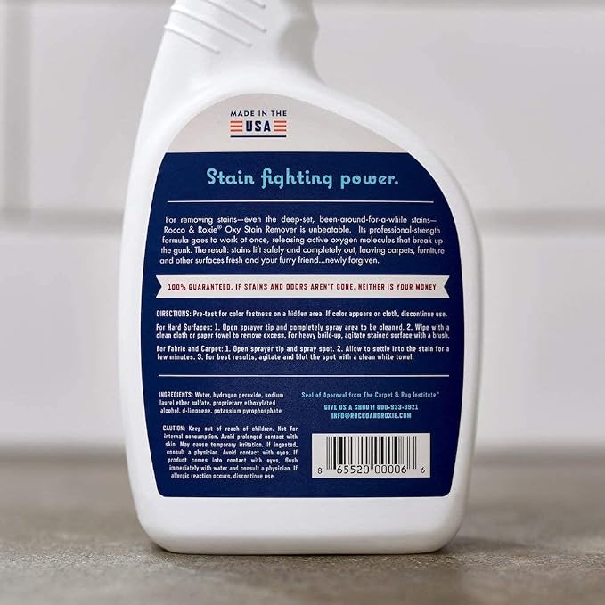 Rocco & Roxie Oxy Stain Remover, Oxygen-Powered Carpet Spray | Activated oxygen technology; CRI Certified Safe; multi-purpose for carpet, upholstery, laundry & mattresses; non-aerosol