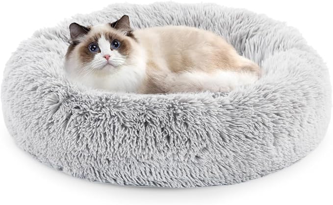 FluffyDream 20 inch Round Donut Bed, Plush Fur Cuddle Bed for Dogs and Cats, Grey, Washable
