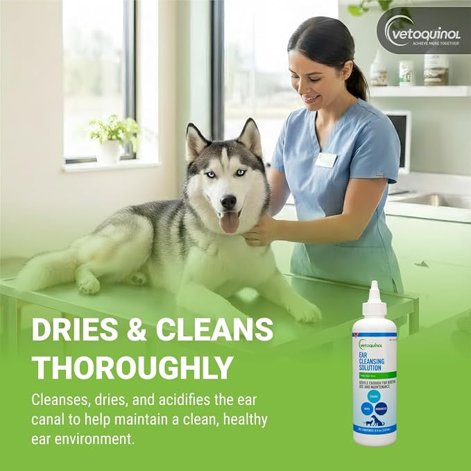 Vetoquinol Ear Cleansing Solution - Gentle Cleaner to Remove Dirt & Debris - Easy-to-Use Drops for Cats & Dogs - Support Clean and Fresh-Smelling Ears - Ideal for Routine Pet Hygiene - 8 Ounces