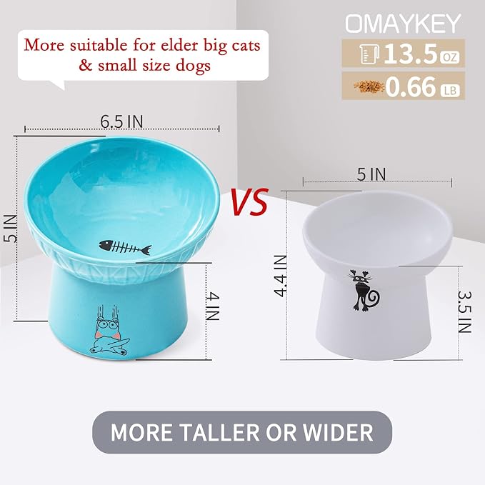 6.5 Inch Wide Ceramic Raised Cat Bowls, Tilted Elevated Cat Food Bowl Set | Prevent Neck, Whisker Fatigue, Anti Vomit, for Elder Big Cats & Small Dogs, Dishwasher and Microwave Safe, 2 Pack