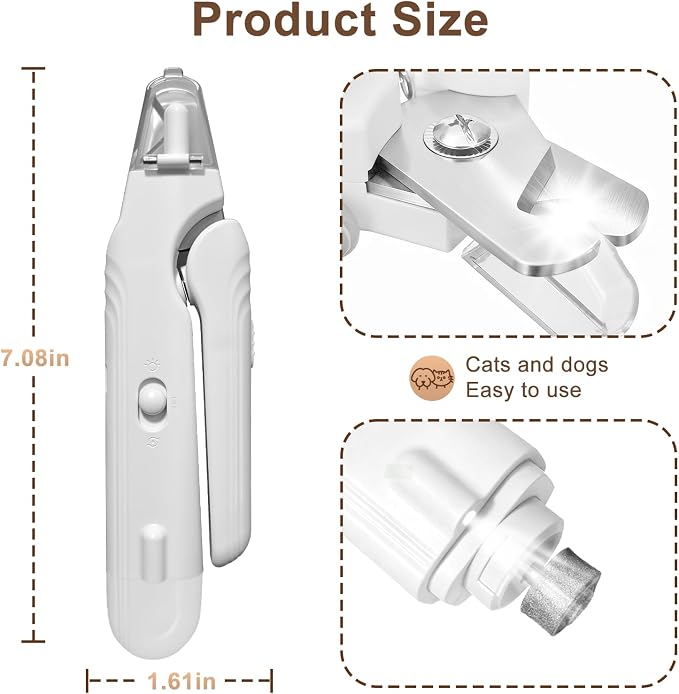 2-in-1 Dog Nail Clippers and Cat Nail Clippers with Light, Quick Sensor and Safety Guard, USB Rechargeable Pet Nail Trimmer with 2 LED Lights for Large Medium Small Dogs and Cats (White)