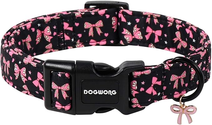 DOGWONG Pink Dog Collar, Black Pink Bow Dog Collar with Plastic Buckle,Girl Female Dogs Collars for X-Small Puppies Dogs, Neck 8-12 inches