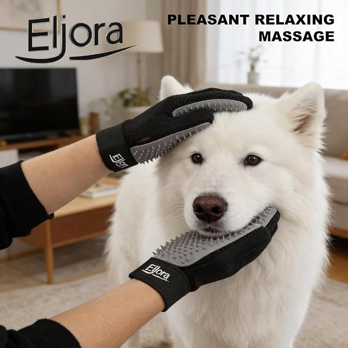 Pet Grooming Glove (Pair) & Dematting Comb Set – Anti-Slip Handle Deshedding Comb+ Gentle Massage Gloves for Dogs & Cats – Removes Loose Hair, Mats & Tangles – Safe, Effective Grooming
