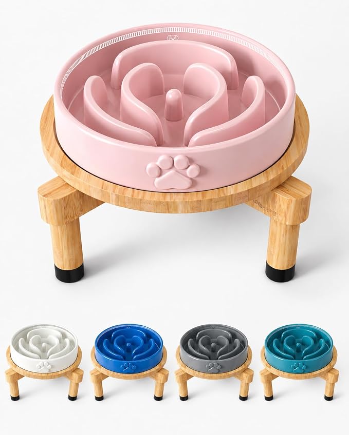 Slow Feeder Dog Bowls – Elevated Dog Bowl Slow Feeder with Bamboo Stand– Microwaveable Dog Slow Feeder for Small and Medium Dogs – Lead and BPA-Free Ceramic Pet Bowl – Pet Feeder for Fast Eaters