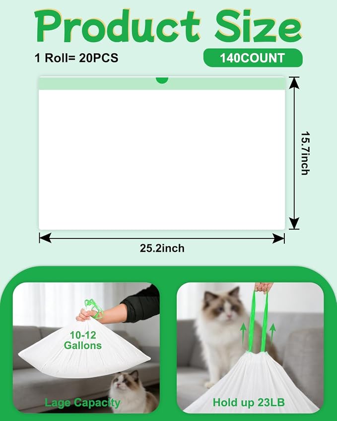 140 Count Cat Litter Box Liners for Automatic Litter Box, Pre-Separated Easy-Dispense Waste Bags with Drawstring, Heavy Duty Leak-Proof Liners Compatible with Litter-Robot 4/5/3, 25.2"x15.7"
