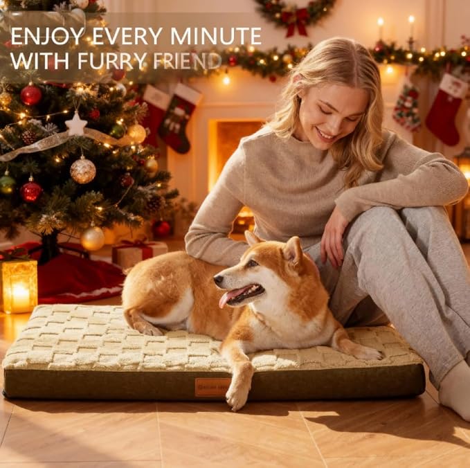 Patas Lague Orthopedic Large Dog Bed Washable Pet Crate Mat 48''X30'' Camel | Egg-Crate Foam Dog Couch For Large Sized Dogs, Waterproof Removable Cover, Soft Pet Bed With Nonskid Bottom