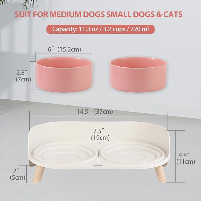 Elevated Ceramic Dog Bowl Set - Double Dog Feeding Bowls with Stand Splash Proof - Raised Dishes for Food and Water - Ideal for Small to Medium Dogs - 2 x 720 ml - 11.3 oz - Pink