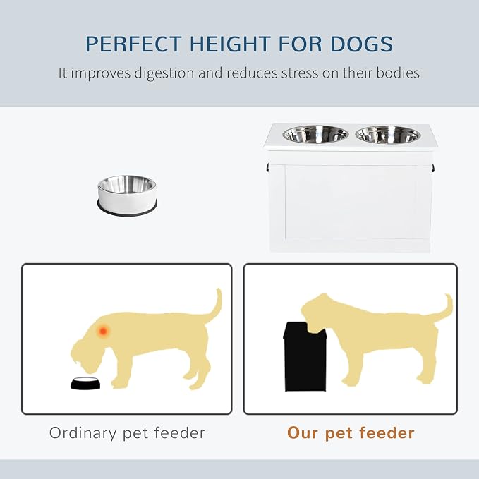 PawHut Raised Pet Feeding Storage Station for Large Dogs, White | with2 Stainless Steel Bowls Base for Other Large Pets