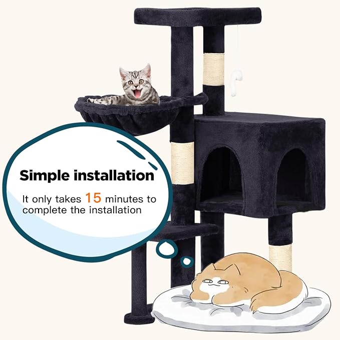 BestPet | 37" Cat Tree Tower | Dark Gray | Sturdy Multi-Level Cat Tree | with Plush Condo, Cozy Perch, Sisal Scratching Posts, Hanging Toy and Hammock | Easy Assembly | for Kittens & Adult Cats