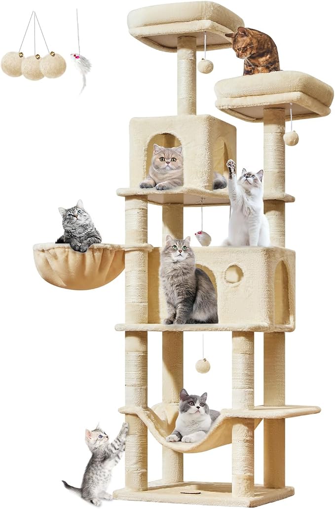 Taoqimiao Large Cat Tree, 73 in Tall Cat Tower with 2 Plush Big Cat Condos | 9 Scratching Posts, 2 Top Perches, Cozy Hammock & Basket, Indoor Cats, 2 Pompoms & Mouse Toy, Beige, MS013XLM