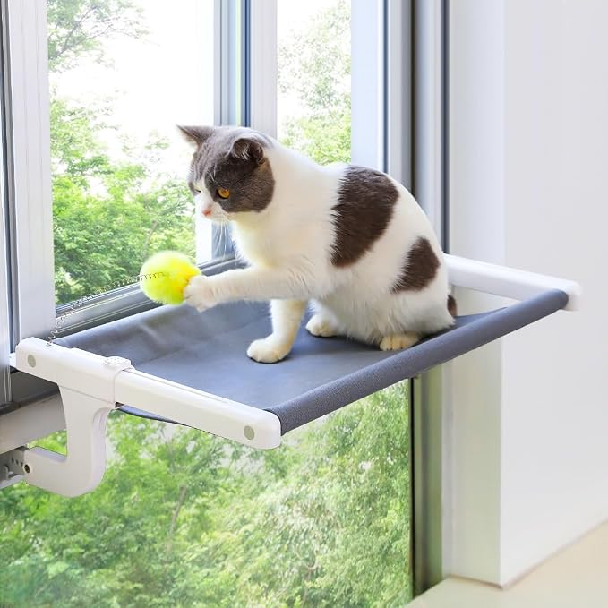 Cat Window Perch, Cat Hammock Window Seat with Sturdy Metal Frame for Large Cats and Kittens, Easy to Adjust for Windows & Bedsides, No Suction Cup No Drilling