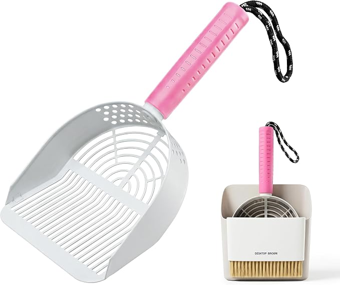 Cat Litter Scoop with Holder, 3 in 1 Metal Kitty Scooper, Heavy Duty Deep Litter Sifter with Dustpan & Mini Broom, Dual Coarse & Fine Grid, Quick Sift, Universal for All Cat Litter