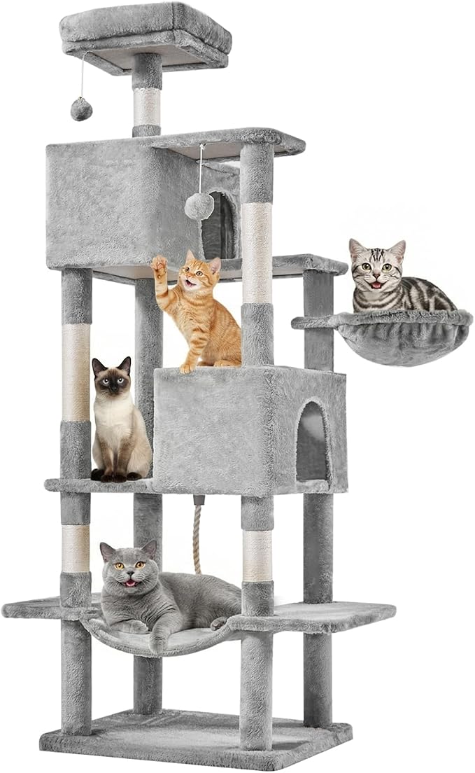 DUMOS Large 66 Inch Cat Tree Tower with Scratching Posts, Indoor Use | Tall Multi Level Cat Climbing Tower with Hammock, Pet Condo for Cats and Kittens Play, Light Gray
