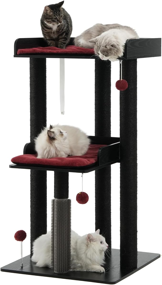 43.7" Modern Cat Tree, Cat Tower for Large Cats, Wood Cat Tree | Maine Coon Cat Tree, Cat Tower with Scratching Post, Large Perch and Removable Pads, Black&Red