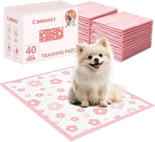 Pink Floral Dog Pee Pads, 23''x30'', 40 Count Leak-Proof Puppy Pads for Potty Training, Quick-Dry & Adhesive Tabs, Cute Flower Print for Small/Medium Dogs with Attractant
